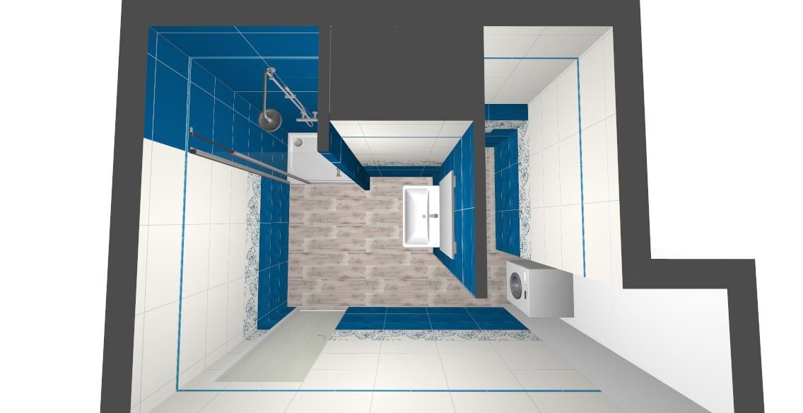 Modrá koupelna v panelákovém bytě Most – 3D návrh