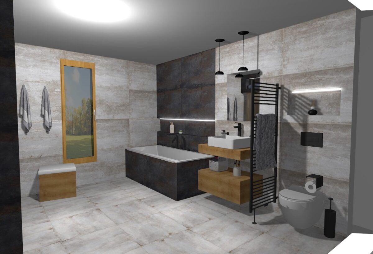 Moderní koupelna v rodinném domě s elegantními černými prvky a LED pásky