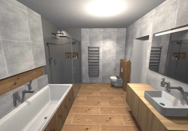 grafický návrh koupelny – Koupelna RD beton a dřevo