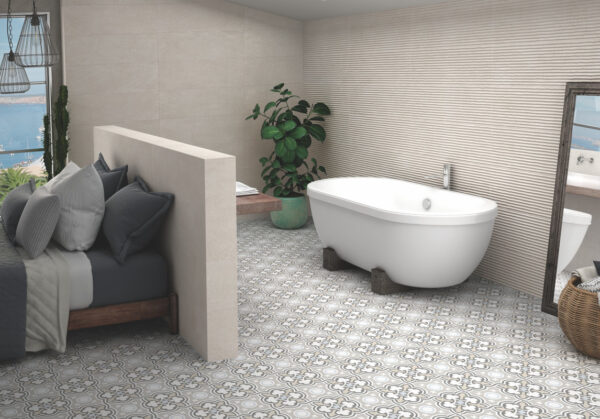 grafické návrhy koupelen – Retro koupelna s liniovými dekory