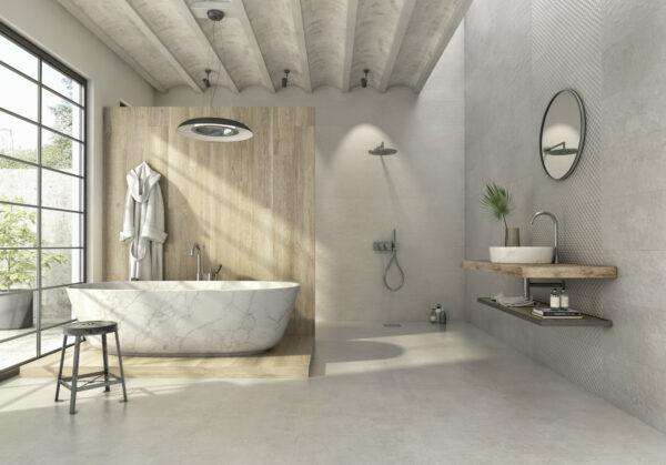 grafické návrhy koupelen – Koupelna oblých tvarů v dekoru jemného betonu a dřeva