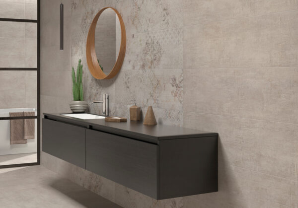 grafický návrh koupelny – Koupelna s velkoformátými obklady s patchworkem