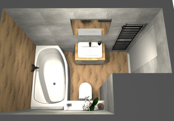 grafické návrhy koupelen – Využití rohové vany v koupelně, černé doplňky