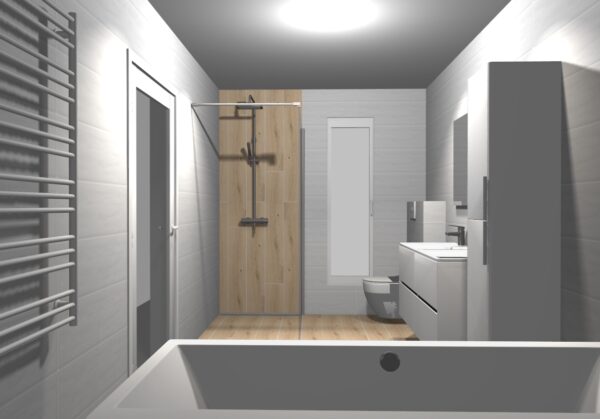 grafické návrhy koupelen – Walk-in, čisté bílé provedení koupelny