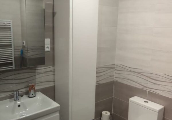 Bílá koupelna se sprchovým koutem bez vaničky a s vestavěným sedátkem (Most)