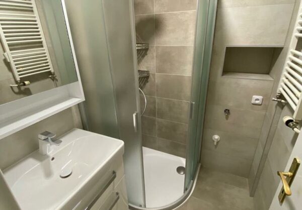 Rekonstrukce elegantní šedé koupelny s velkým sprchovým koutem (Most)