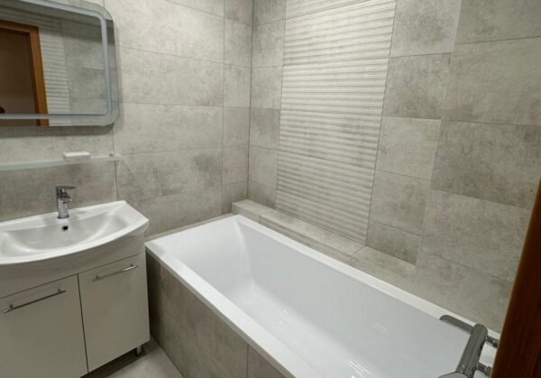 Krásná moderní koupelna v šedých barvách s velkou vanou a samostatným WC (Most)